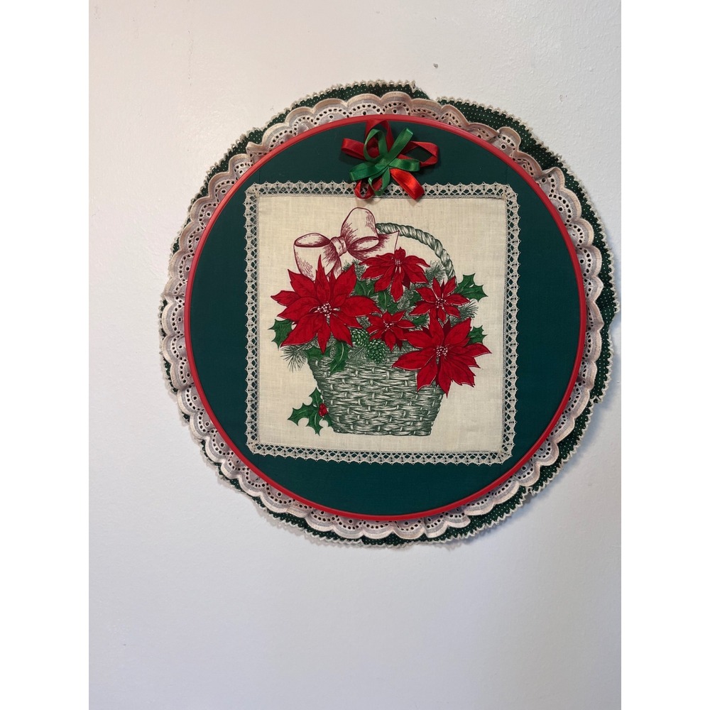 Vintage Christmas Poinsettia Hoop Wall Hanging Green Polka Dot Ruffle Lace 14.5"
